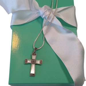 Sterling Silver 925 Chain with Mother-of-Pearl and Marcasite Cross